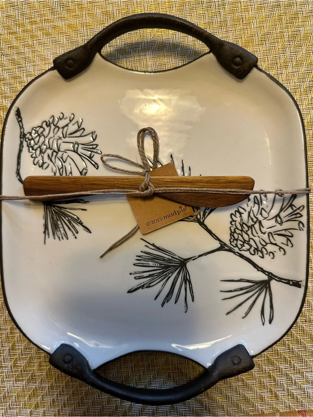 Mud Pie White Ceramic Tray with Black Pinecone Illustration and Iron Handles